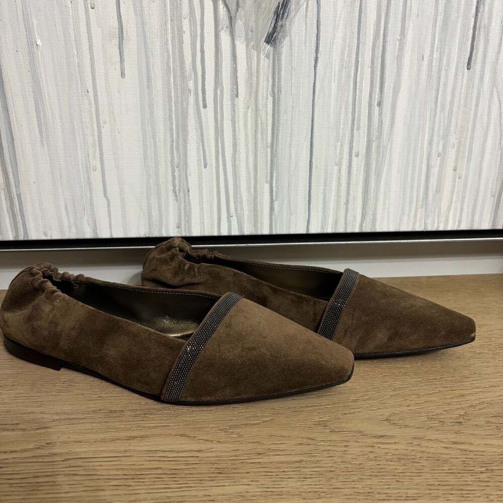 Brunello Cucinelli Suede Embellished Ballet Flats - Brown